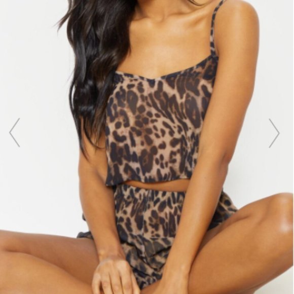 PrettyLittleThing Tops - NWT- PrettyLittle Thing- BROWN ANIMAL PRINT CHIFFON PJ SET